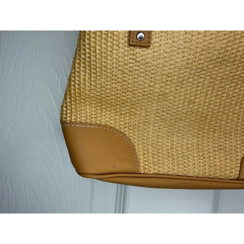 Nine West Straw Woven Tote Handbag Crossbody Bag Tan Leather‎ Trim